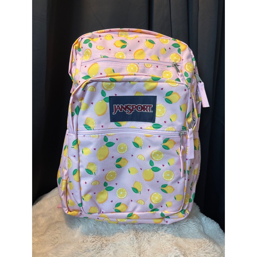 JanSport Big Student Backpack Pink Ice Yellow Lemon Print Laptop Bag Nwt